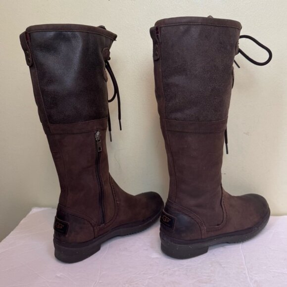 UGG ELSA Waterproof Tall Leather Suede Boots Zipper Laces Brown Winter Neutral 6 - Picture 6 of 16